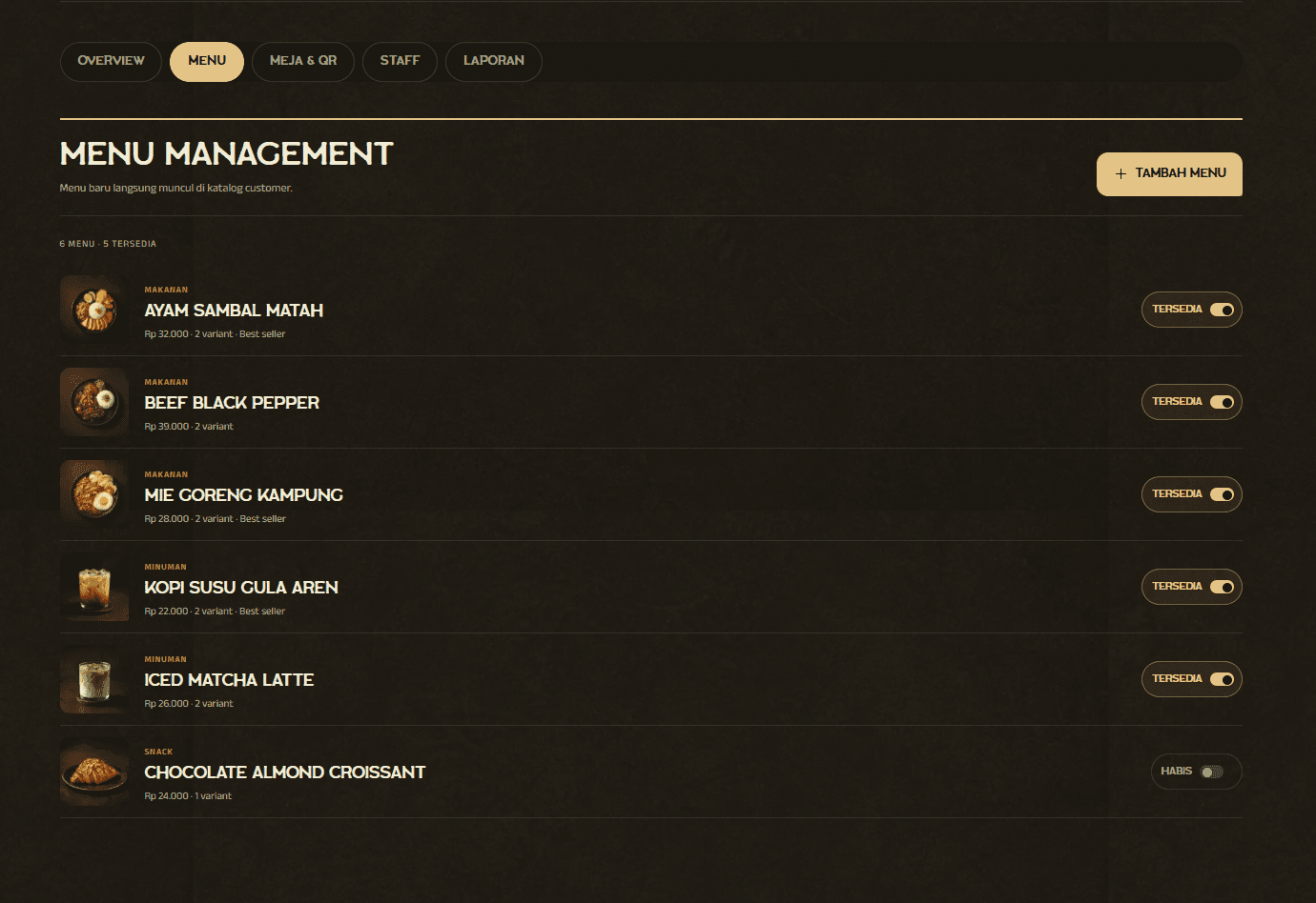 DineFlow owner menu management