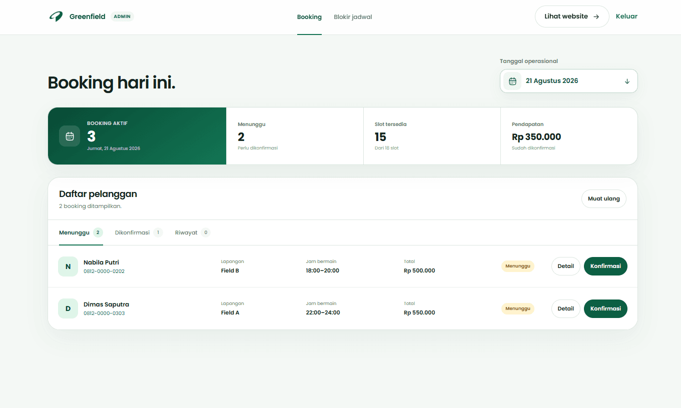Greenfield daily booking admin dashboard