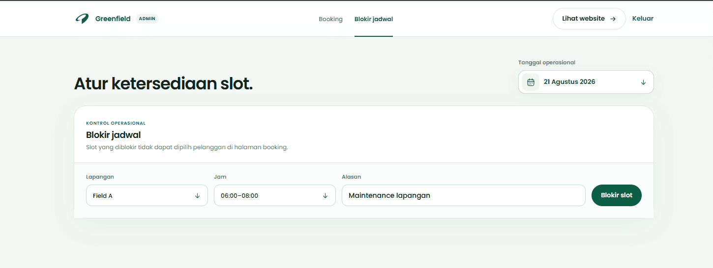 Greenfield admin schedule blocking controls
