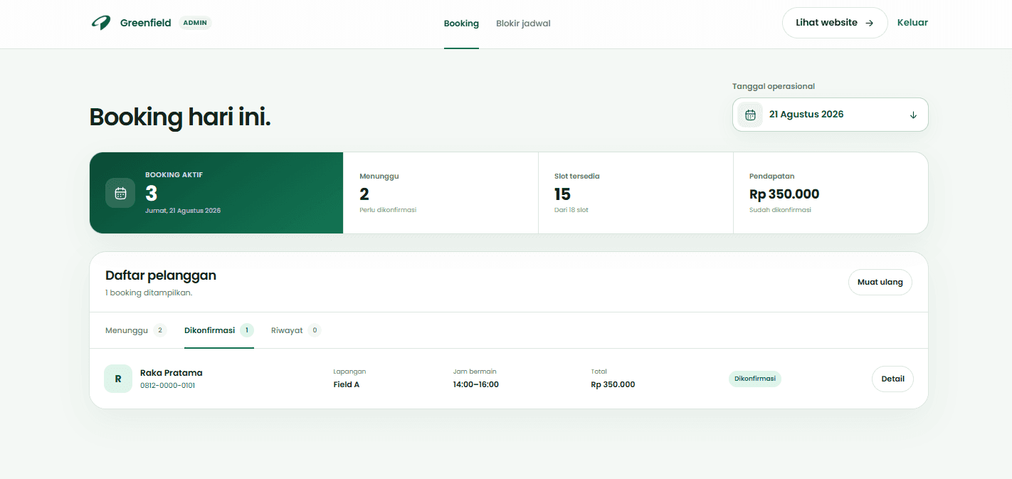 Greenfield confirmed booking workspace