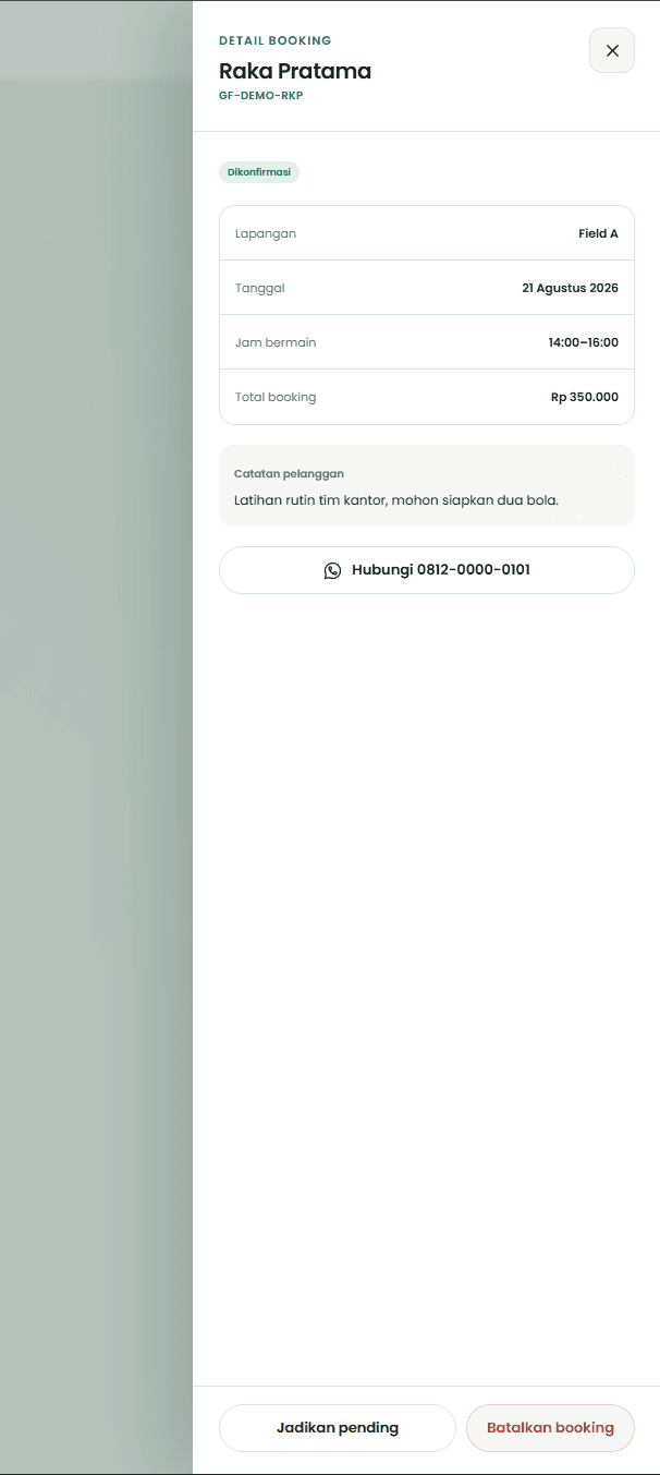 Greenfield admin booking detail drawer