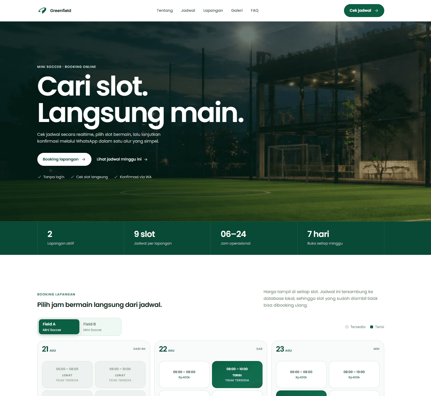 Greenfield field booking website homepage and live schedule preview