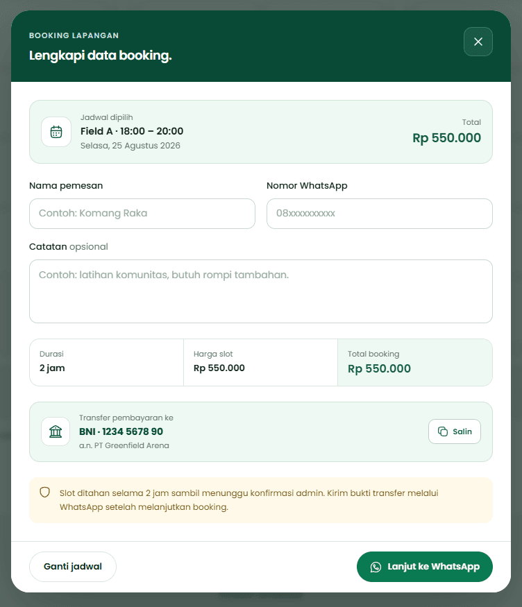 Greenfield booking form with bank-transfer instructions