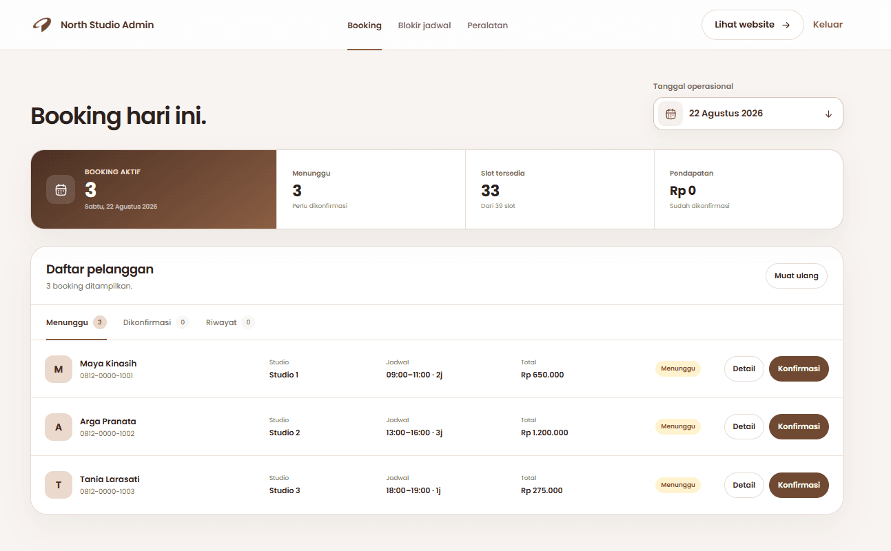 North Studio daily booking admin dashboard