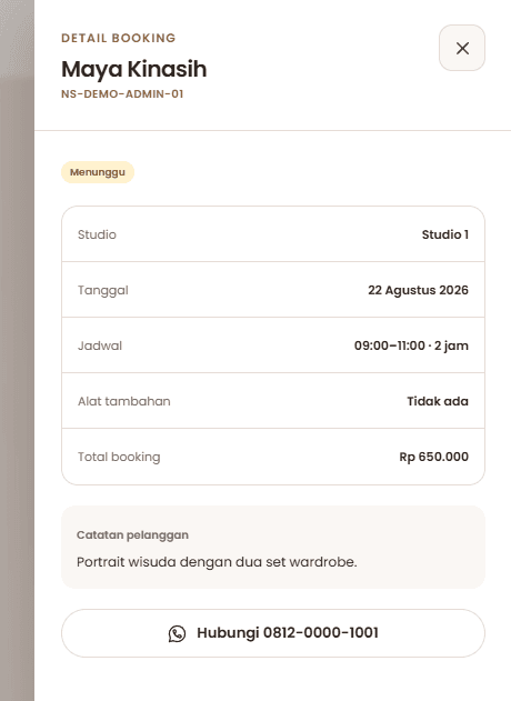 North Studio admin booking detail drawer