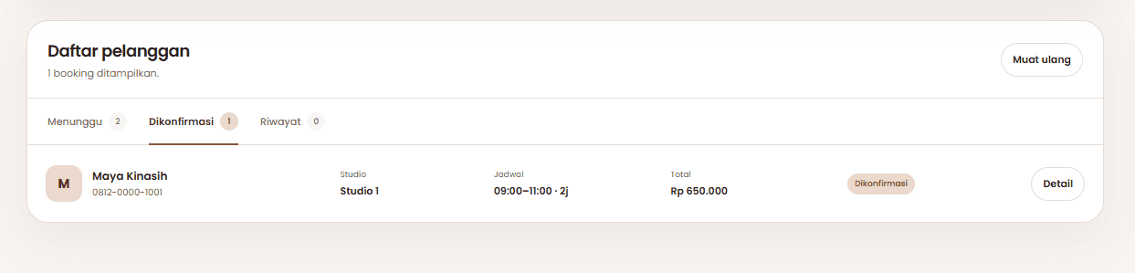 North Studio confirmed booking list