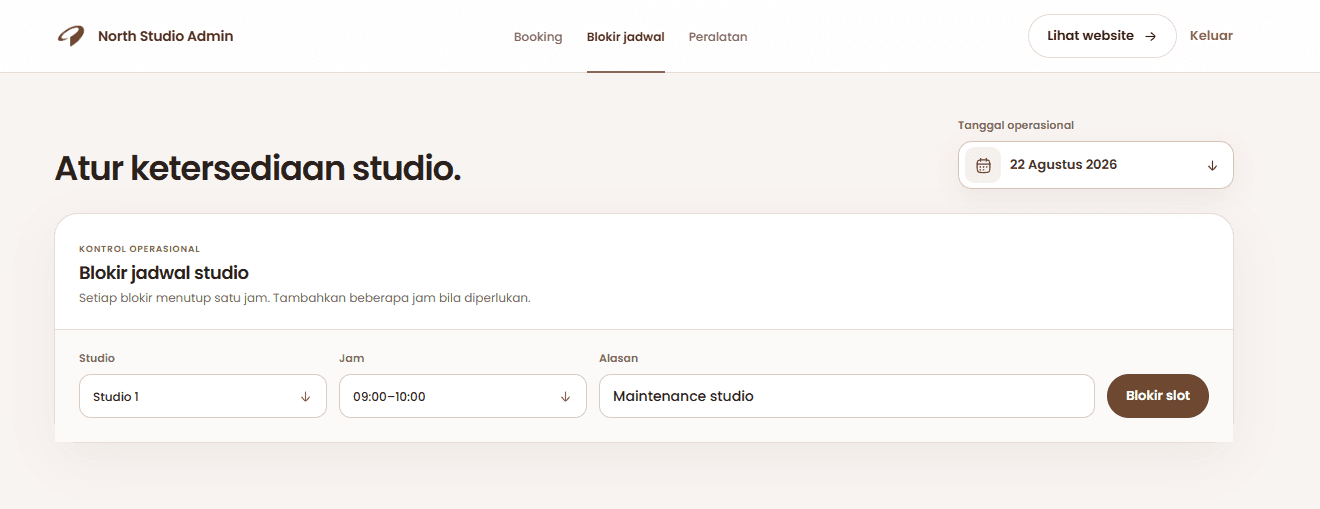 North Studio admin schedule blocking controls