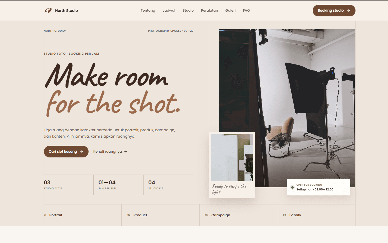 North Studio booking website homepage with studio introduction