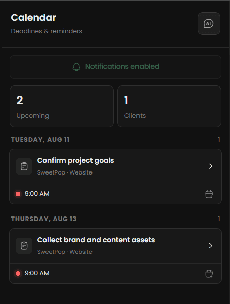 Flowdesk deadline and reminder calendar panel