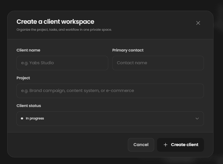 Flowdesk create client workspace dialog
