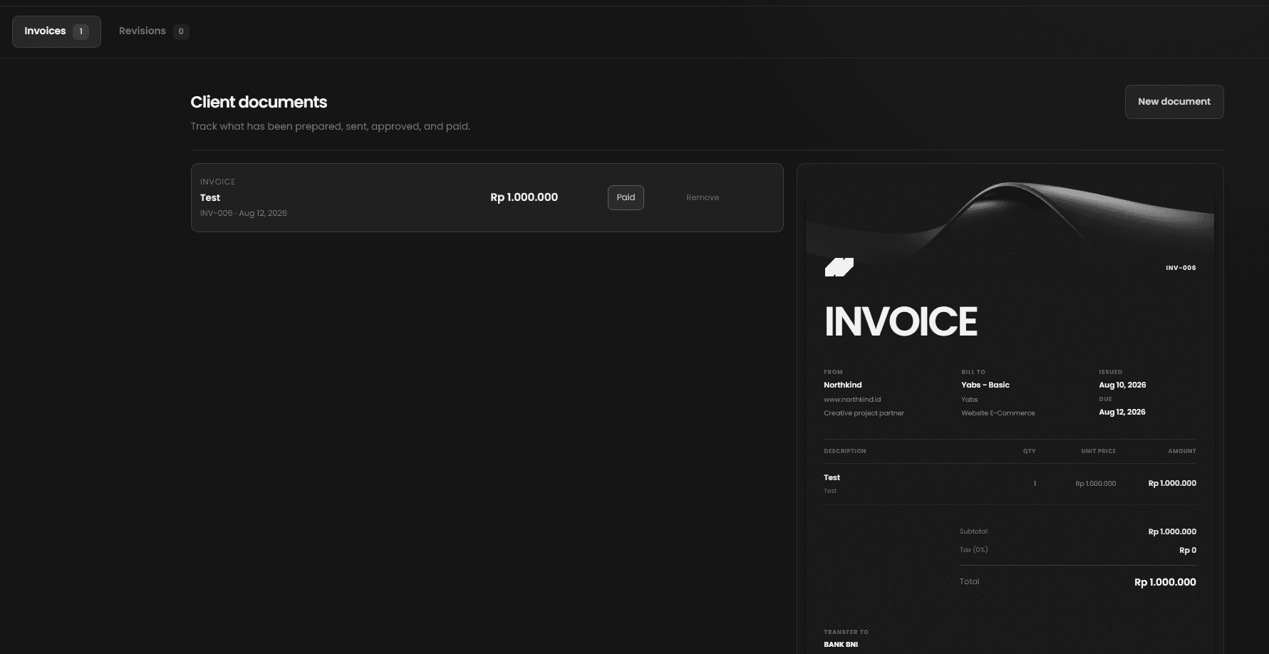 Flowdesk invoice workspace with client document preview