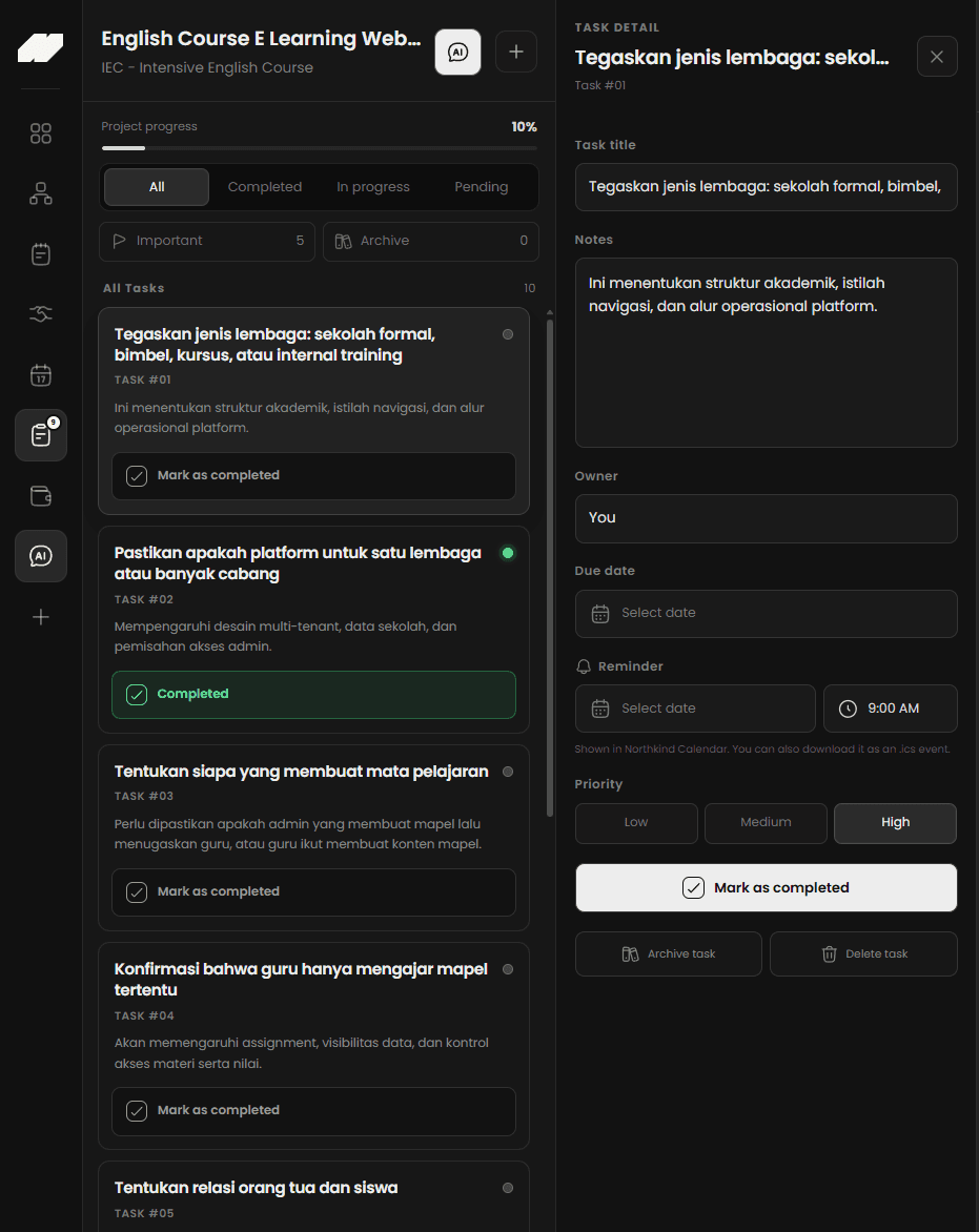 Flowdesk project task workspace with ownership priority and reminders