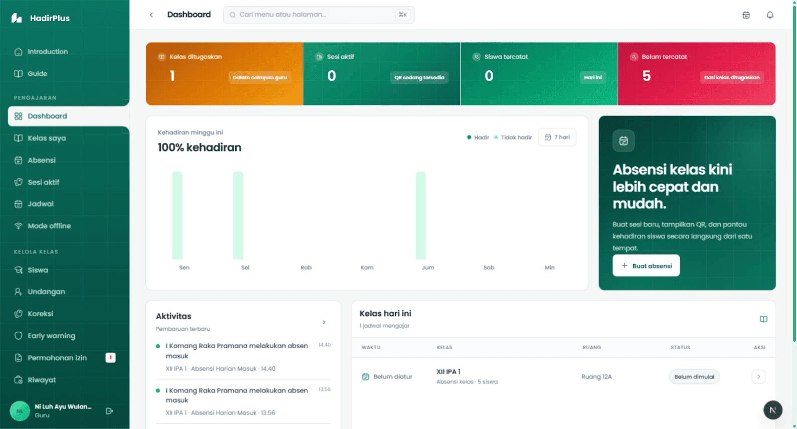 HadirPlus teacher dashboard with class attendance summary and live activity