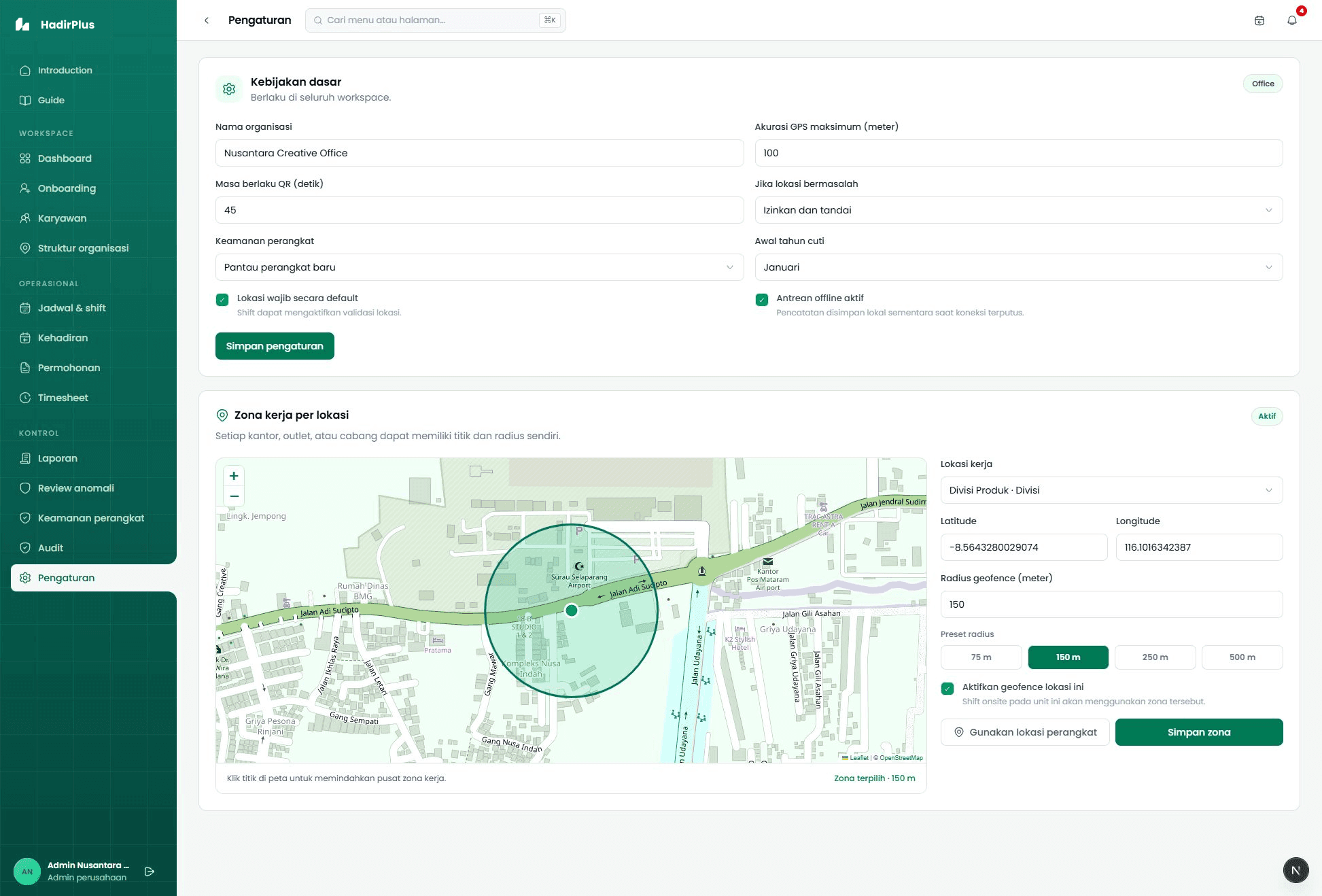 HadirPlus business geofence controls