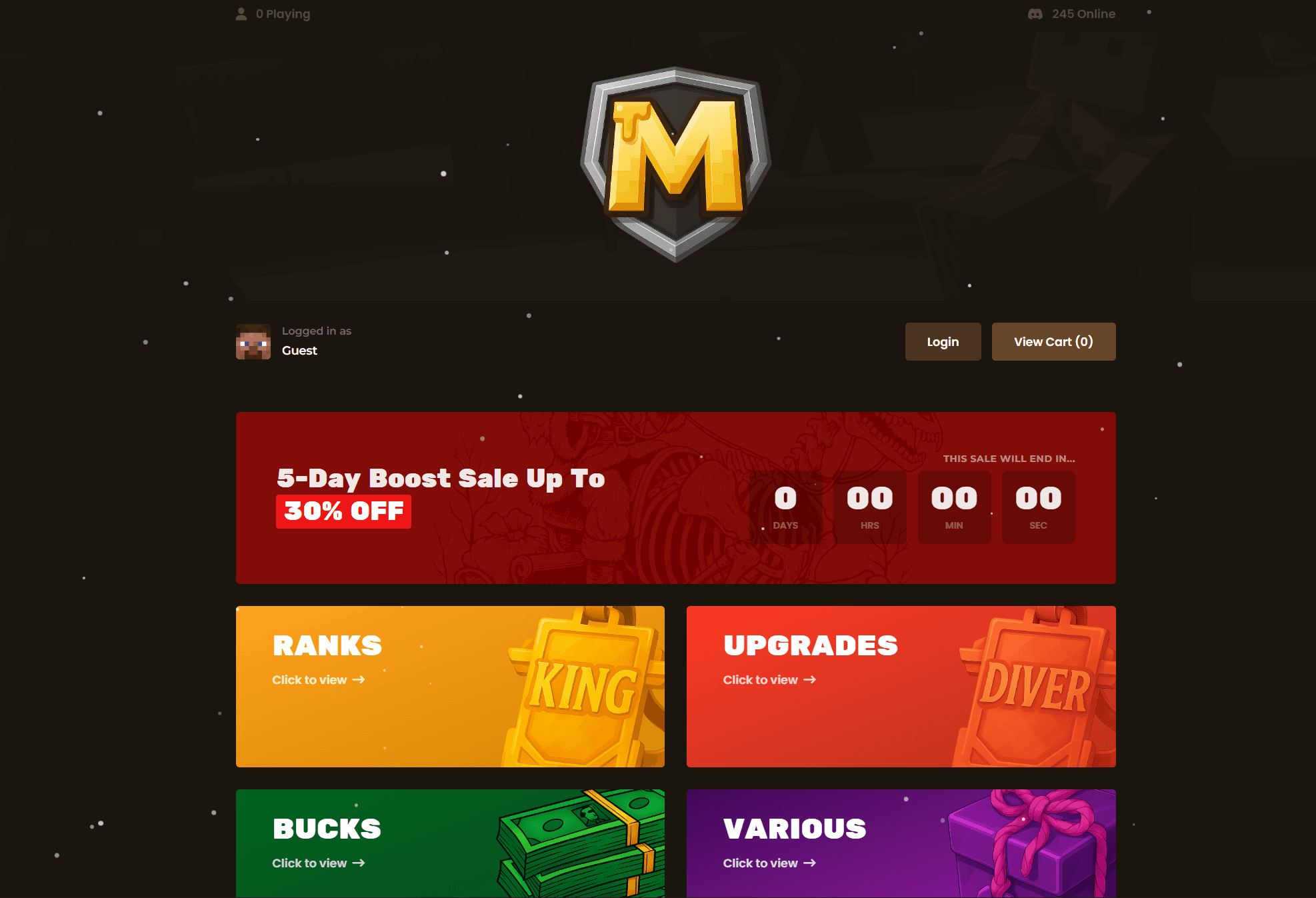 MineHive Minecraft server store home page with ranks, upgrades, Bucks, and bundles