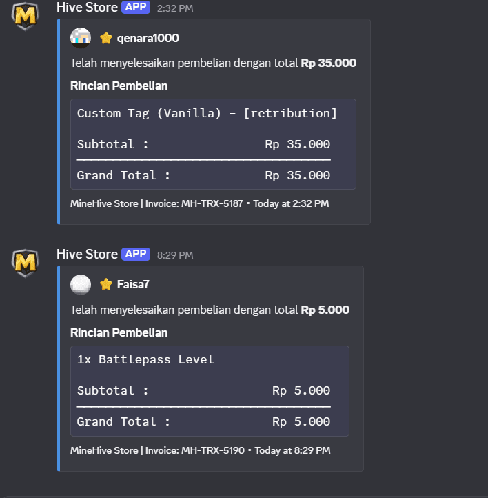 MineHive completed purchase receipt in Discord