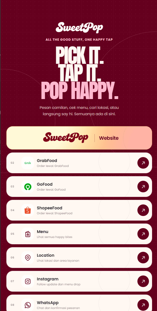 SweetPop mobile links page