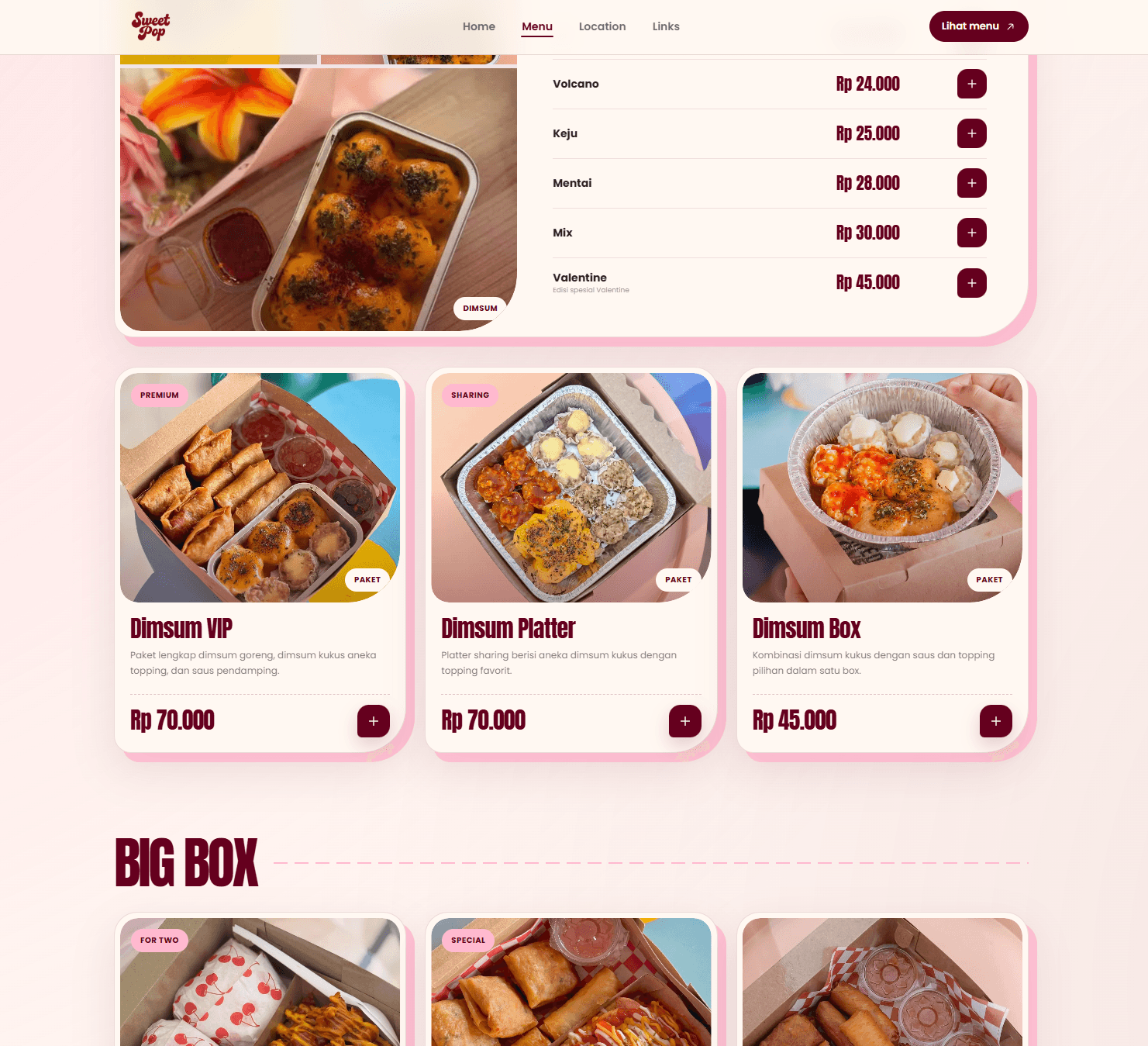 SweetPop menu product grid